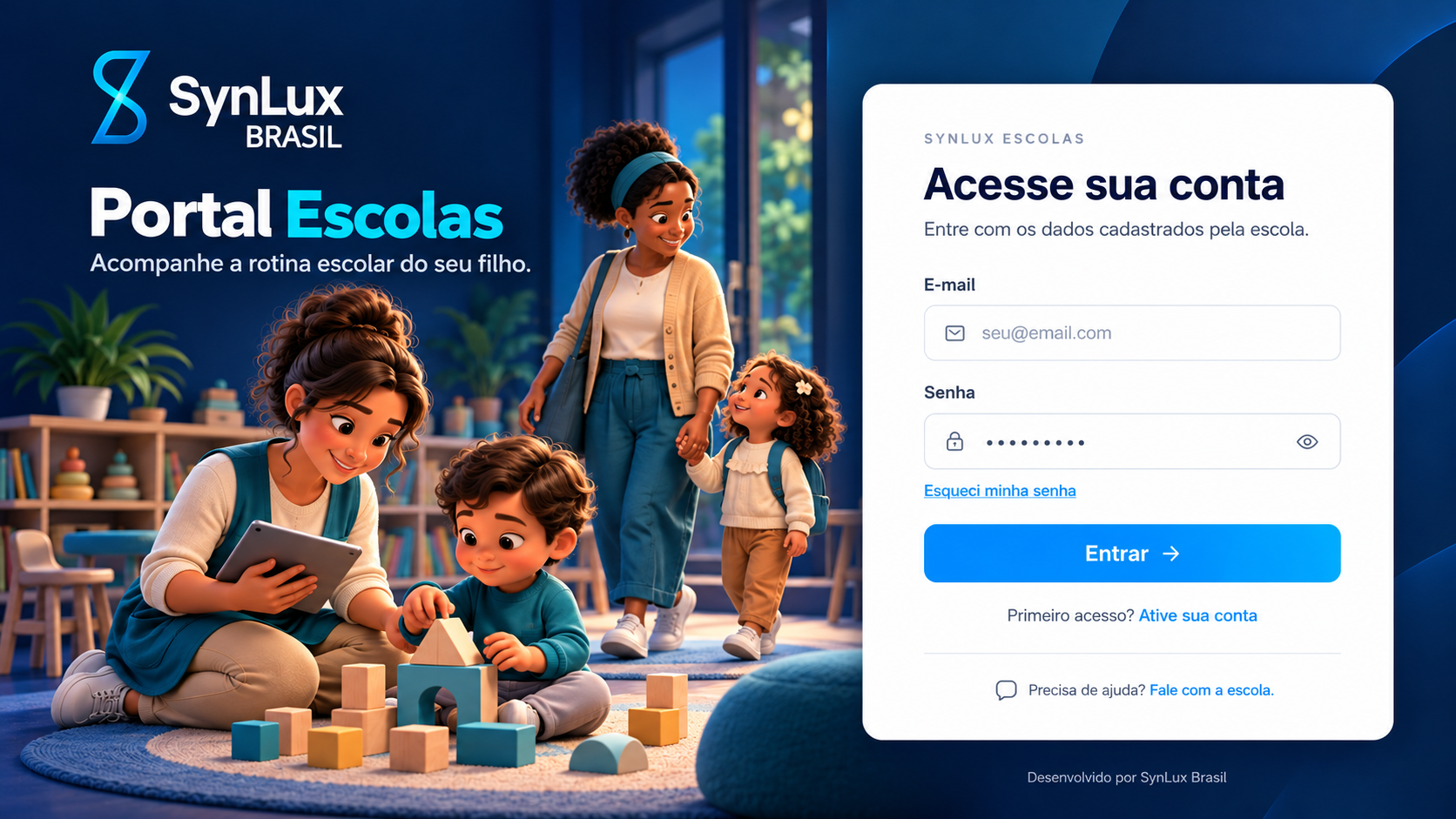 Prévia do Portal SynLux Escolas para acompanhamento da rotina escolar