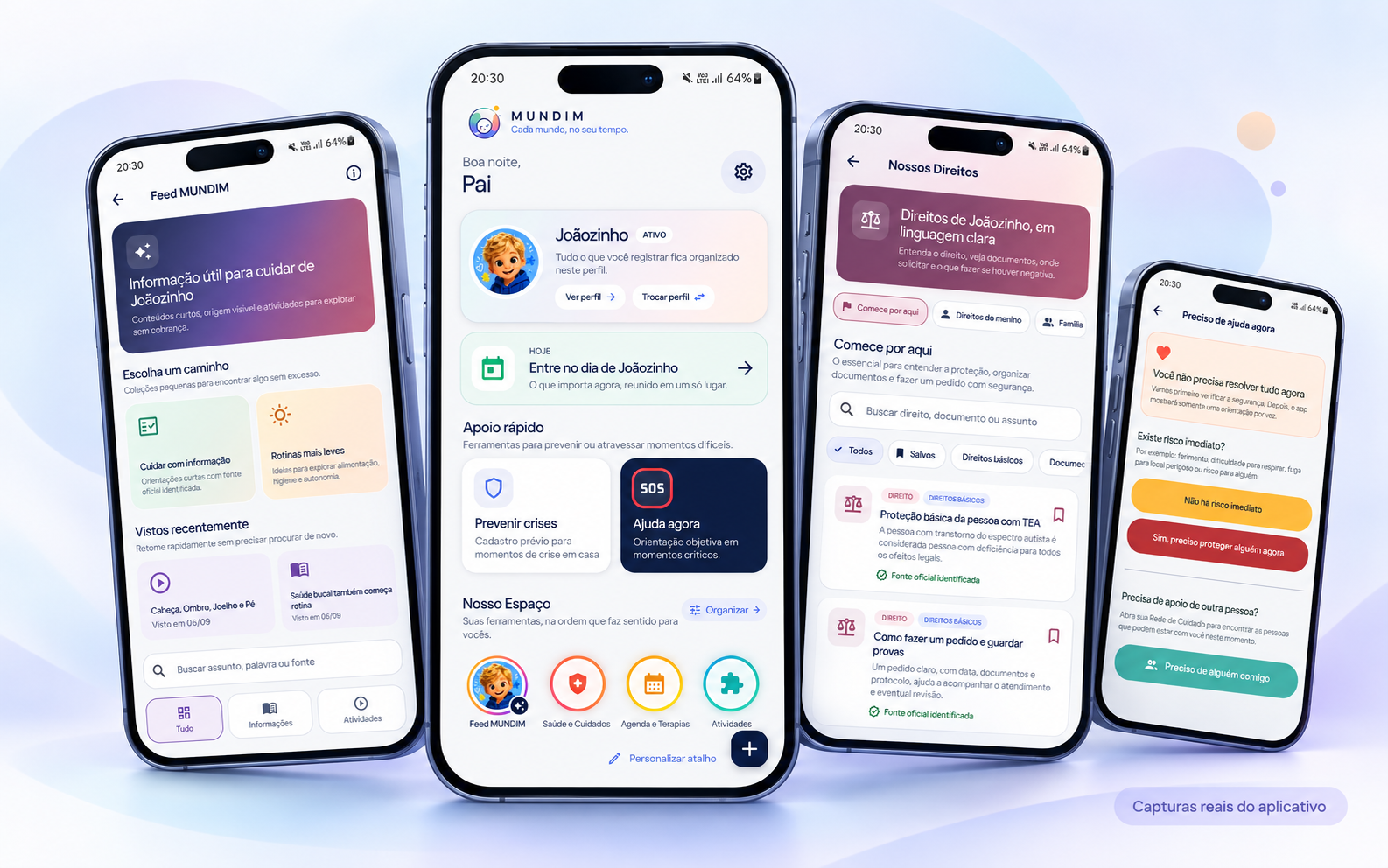 Telas do aplicativo MUNDIM apresentadas em smartphones